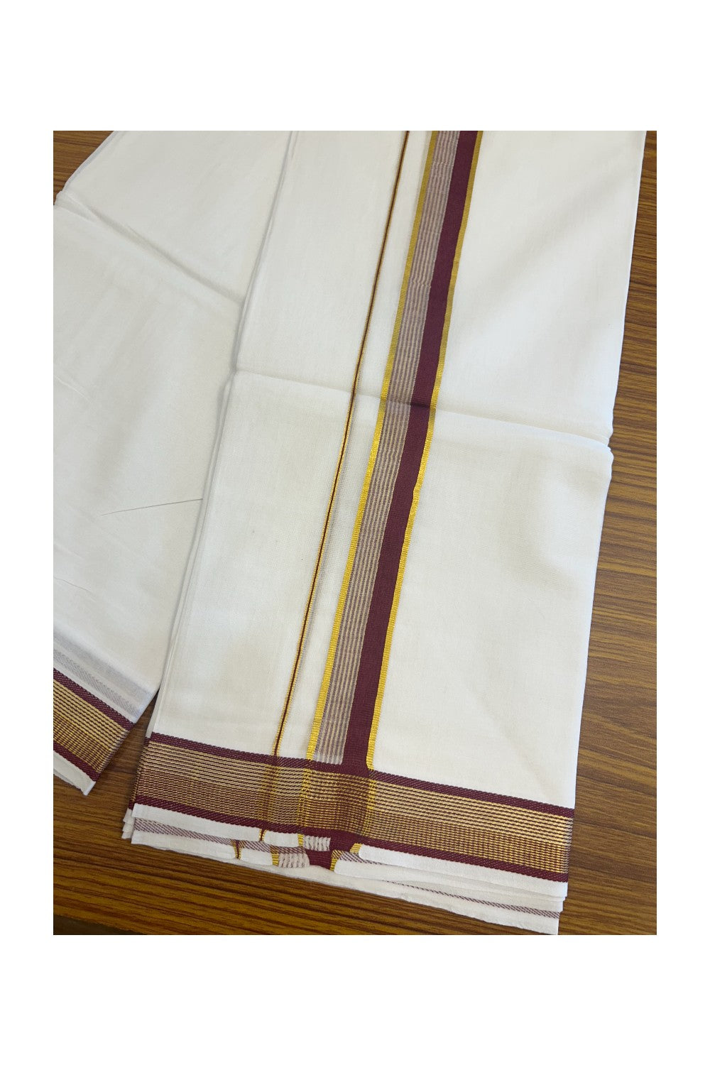 16% DISCOUNT! KaithariKada Balaramapuram 100% Mercerised Cotton Double ULTRA PURE white Mundu/Dhoti - 100x100  1.25 inch Maroon & Kasavu stripes Kara - 22KK5135GAN