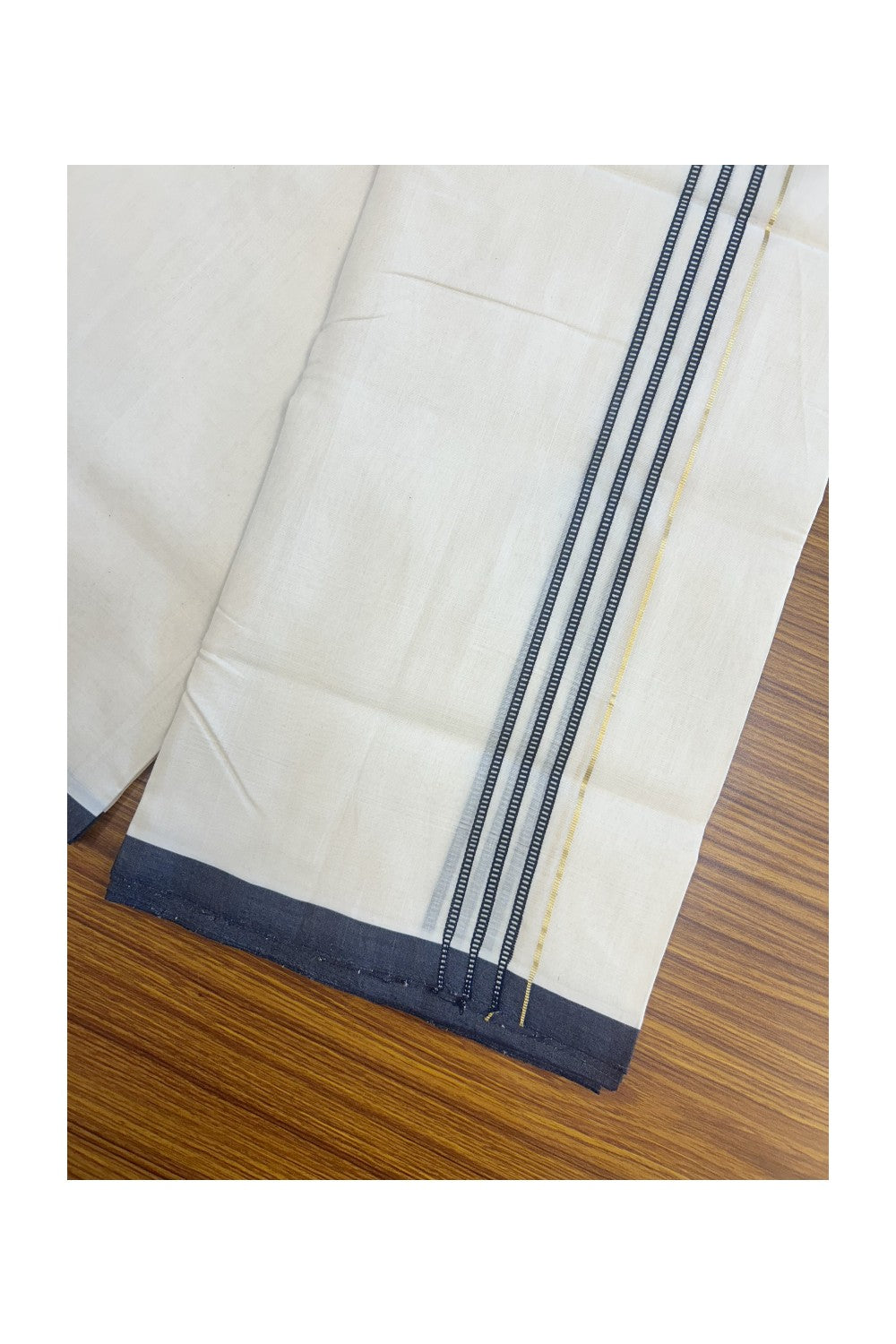 25% DISCOUNT!! KaithariKada HANDLOOM  UNAKKUPAAV Balaramapuram - 100% PURE Cotton OFF White - (Unbleached) Double Mundu/Dothi - 80x100 - PURE JERRY 1.25 inch Navy blue stripes pattern kara 3.80 meter (8.5 Muzham) - 27KK5167REA