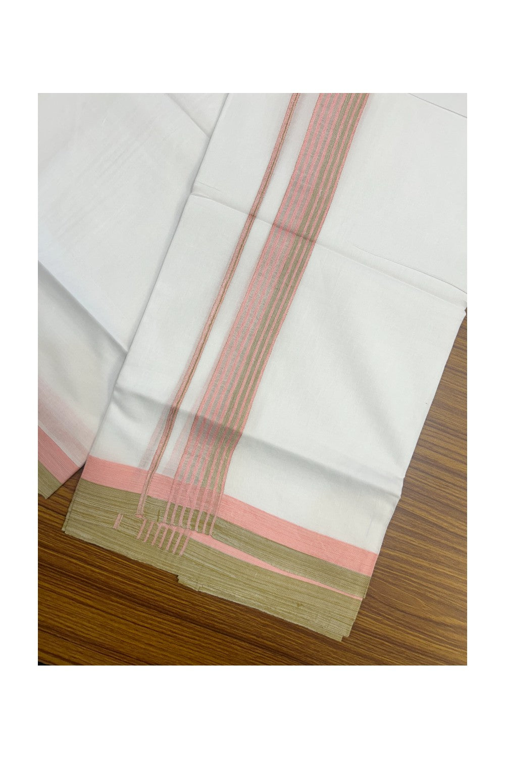 20% DISCOUNT ! KaithariKada Balaramapuram 100% Cotton Double PURE WHITE Mundu/Dhoti - 100X80 - 1.5 inch Silver  kasavu Light Olive Green & Pink Stripes kara - 22KK5172PMC