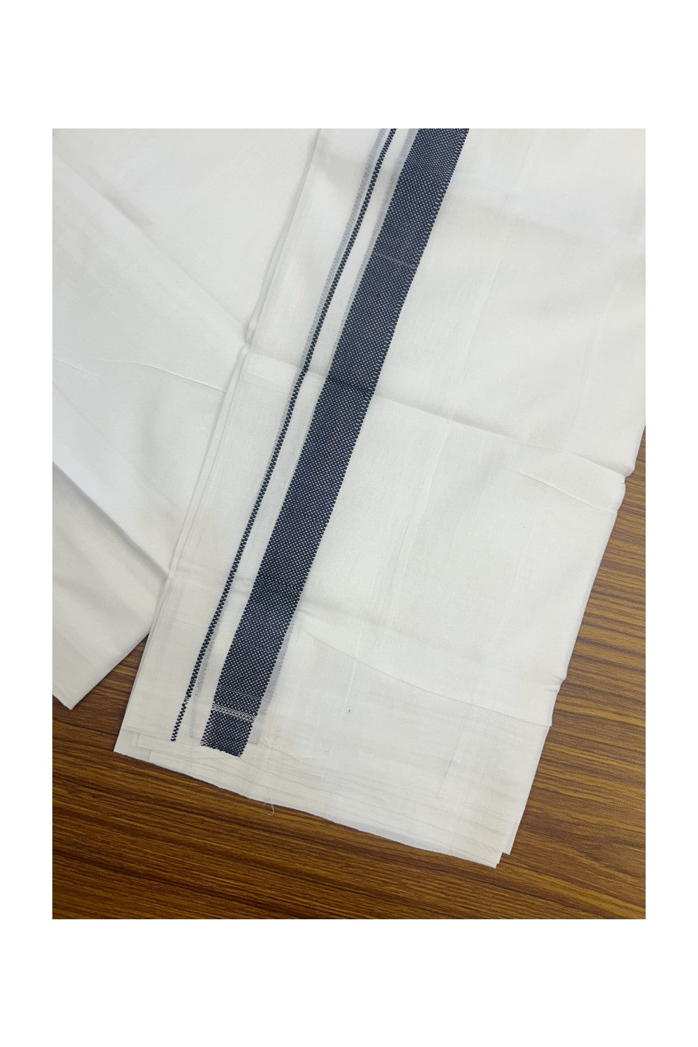 20% DISCOUNT!! KaithariKada Balaramapuram 100% Cotton PURE WHITE DOUBLE Mundu/Dhoti - 100x80 - 1 inch Navy Blue Design Kara - 22KK5174THI