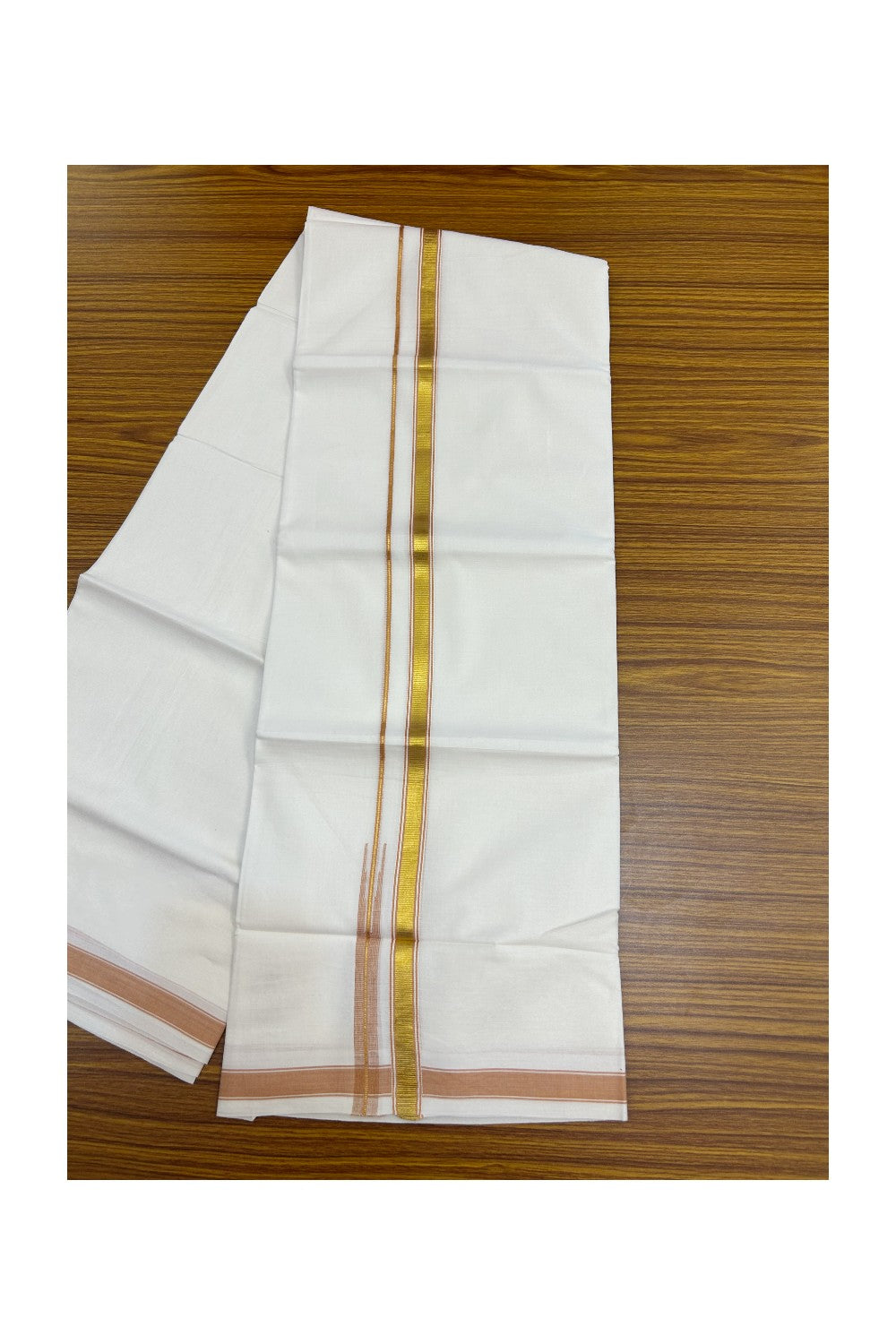 20% DISCOUNT!! KaithariKada Balaramapuram 100% Cotton PURE WHITE Double Mundu/Dhoti-100x80 - 0.5 inch Orange Brown Kasav Chutty Kara - 22KK5191CKS