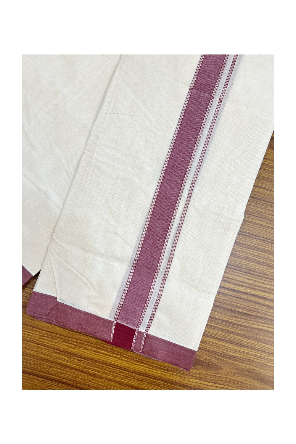 NEW !! 20% DISCOUNT!! KaithariKada Balaramapuram 100% Cotton Double Off white - (Unbleached) Mundu/Dhoti-100x80 - 1.5 inch Silver Kasavu & Maroon Shaded Striped KARA - 3.75 mtr (8 Muzham) - 22KK5218 ASH