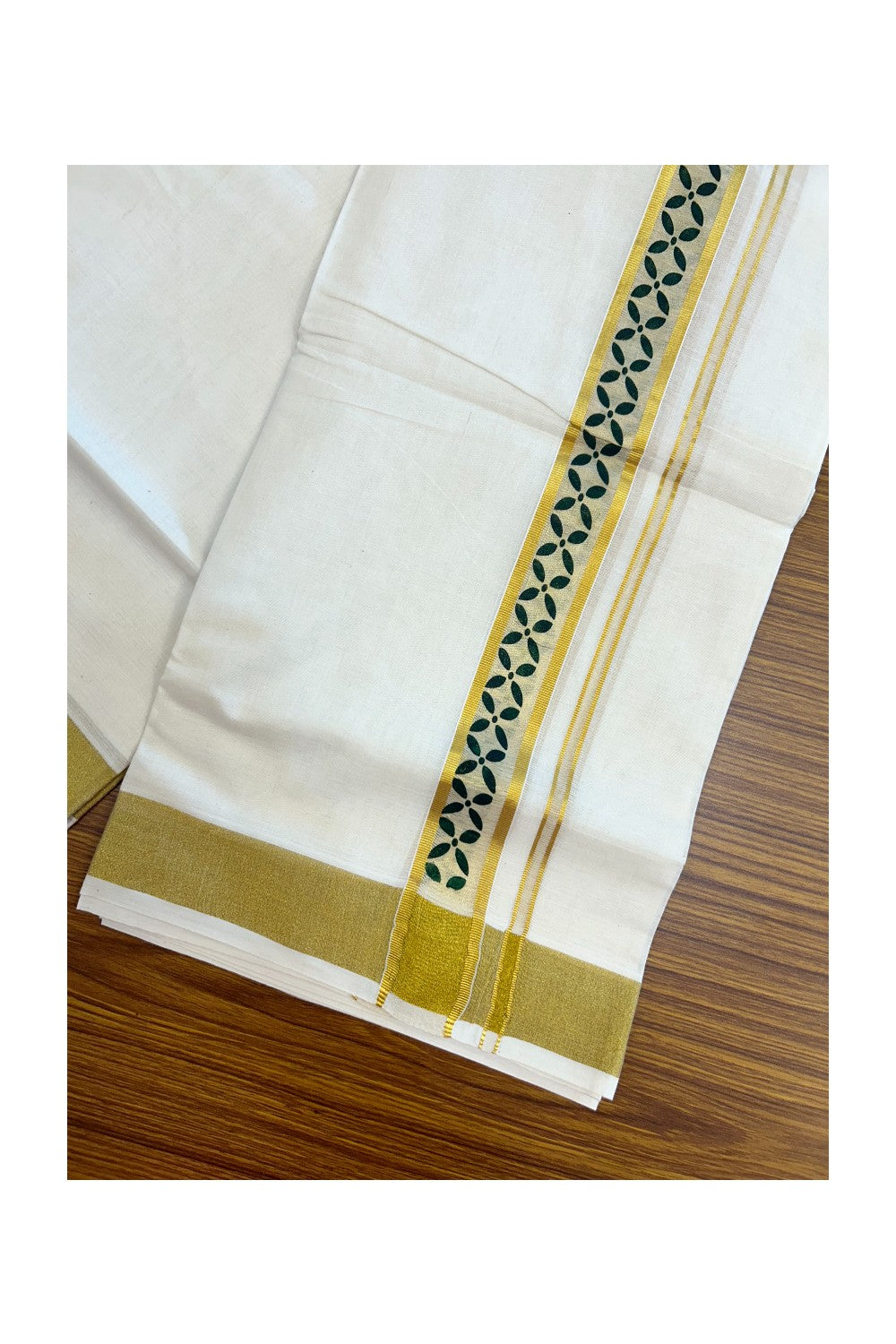 22% Discount!! KaithariKada Balaramapuram 100% Cotton Double Off White - (Unbleached) Mundu/Dhoti - 80x90 - 1.5 inch Gold Kasav with Dark Green Printed Design Kara - 22KK5219 GAN