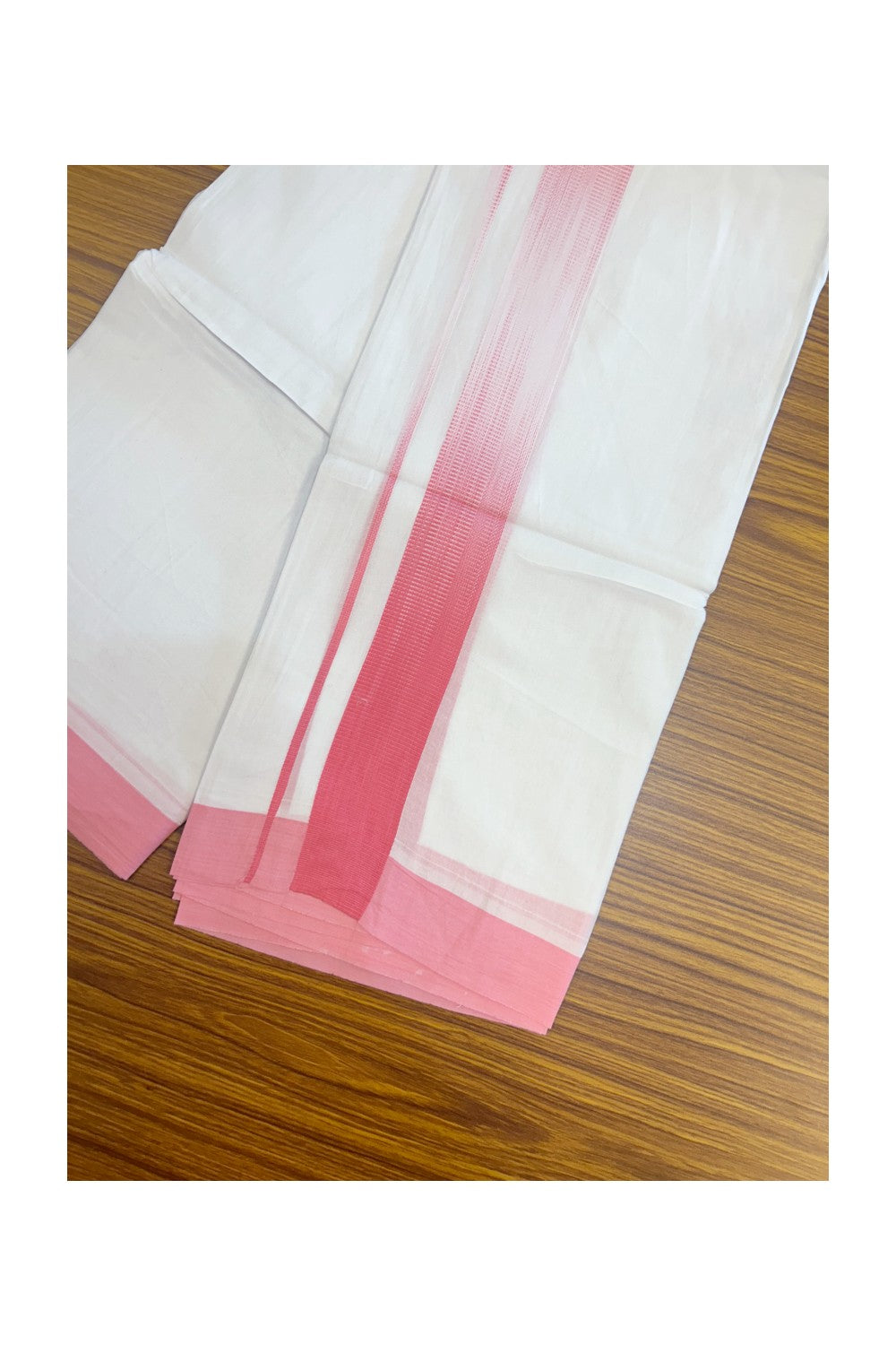 20% Discount!!! KaithariKada Balaramapuram Double PURE WHITE RAINBOW Mundu/Dhoti - 100X80 - 1.75 inch Pink shaded Striped Designer Kara - 22KK5220 THI