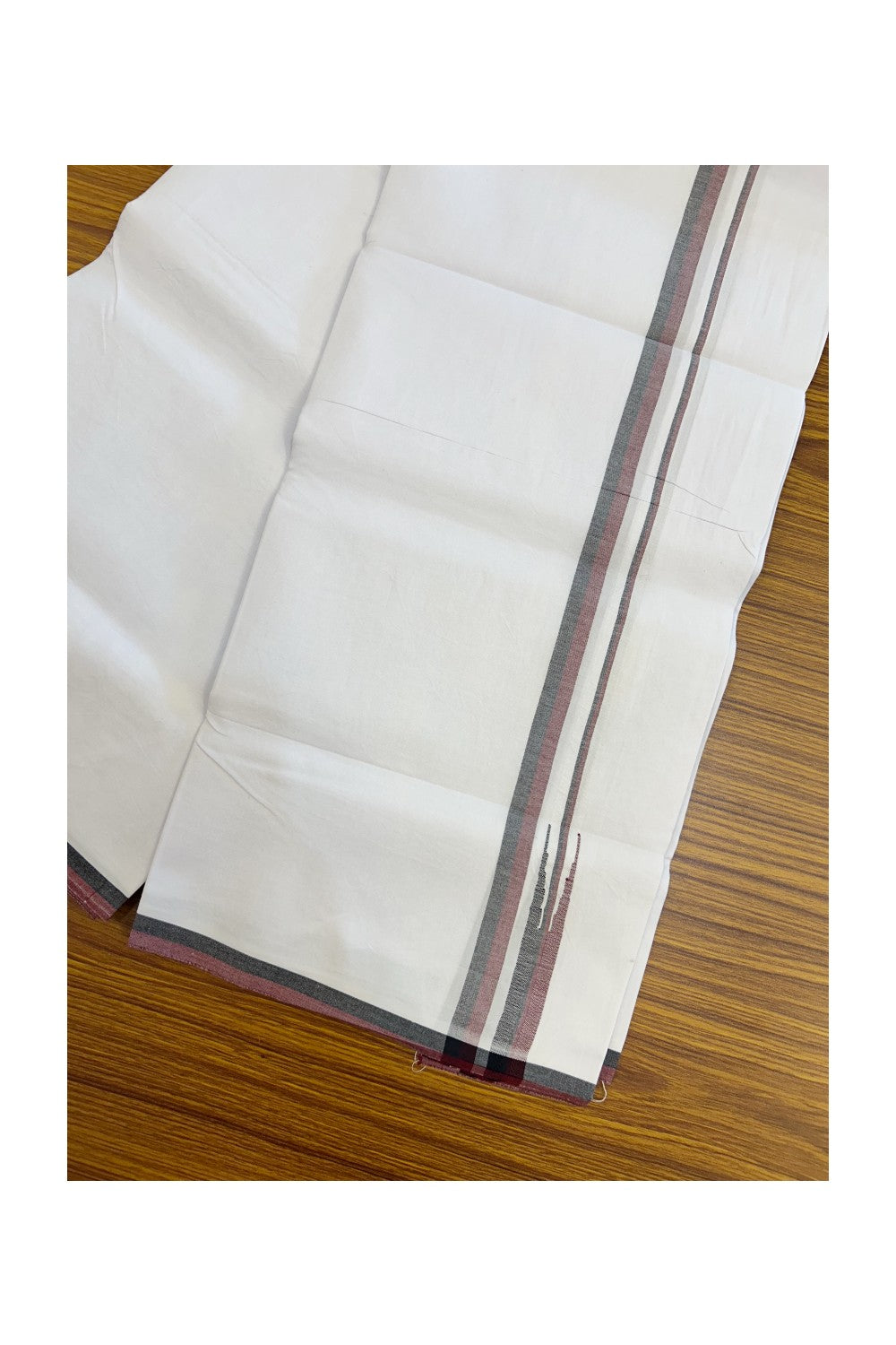 DMK Veshti - 20% Discount !! KaithariKada Balaramapuram PURE WHITE SINGLE Mundu/Dhoti - 100X100 - Puliyilakkara 0.5 inch Maroon & Black Thin Chutty Kara (2 meter / 4 muzham) - 21KK5224 ASH
