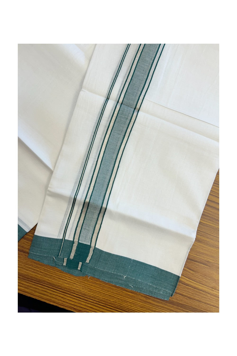 20% DISCOUNT! KaithariKada Balaramapuram 100% Cotton Double Pure white Mundu/Dhoti- 60s - 1.5 inch Silver Kasavu & Green Shaded Kara - 3.86mtr ( 8 muzham) - 22KK5227 PMC