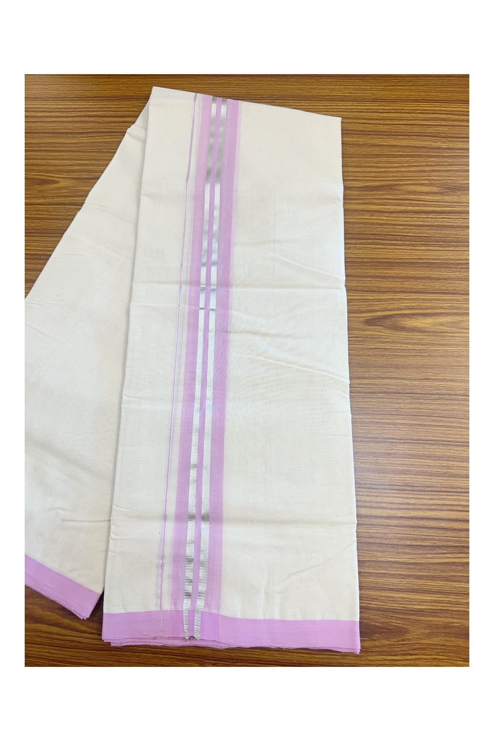 31% DISCOUNT!! KaithariKada HANDLOOM Millpaav Balaramapuram - 100% PURE Cotton OFF White Double - (Unbleached) Mundu/Dothi - 1.75 Inch Silver Kasav Purple Pink kara - 22kk5153RAM