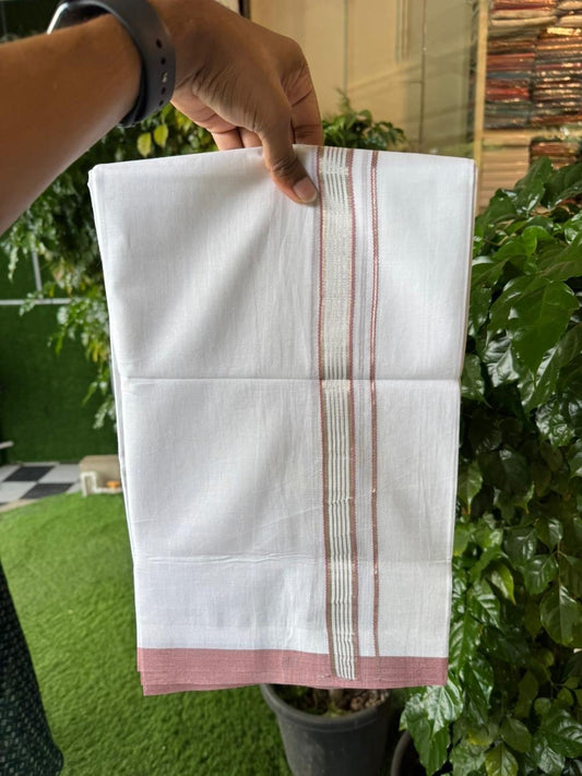 20% Discount ! Kaitharikada Balaramapuram 100% Cotton Pure White Double Mundu/Dothi - 100x80 - 0.75 inch Silver Kasav & Dusty Rose Striped Kara 4 mtr (8.5 muzham) - 59 KK5255 VAS