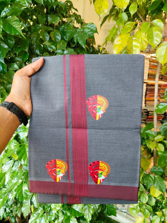 22% Discount! Kaitharikada Pure Cotton - Single Kaily / Lungi - (40s) - 1.25 inch Wine Red striped Theyyam Kadhakali Printed Design kara with Black shaded colour body  (2 meter / 4 muzham) - 13 KK8028 GAN