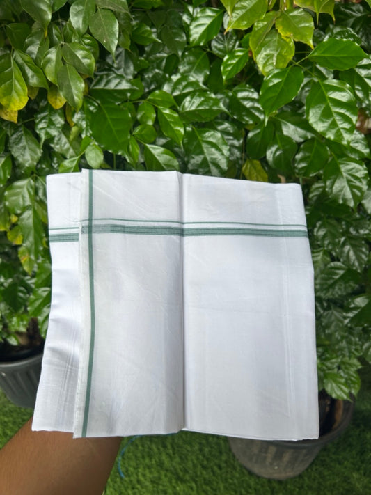 24% Discount !! KaithariKada Balaramapuram 100% Cotton Pure white Single Mundu/Dhoti - Twisted 60s Thread- 1 cm Teal Green & Black Striped Kara (2 meter / 4 muzham) - 23KK5241 GL