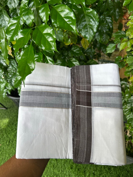 25% Discount!! NEW ULTRA PURE WHITE HANDLOOM Balaramapuram - 100% MERCERISED Cotton Double Mundu/Dhoti - 120 twisted warp x 80s weft - Brown White Silver Kasav Kara- 23KK5248 REA