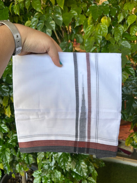 20% Discount ! NEW! KaithariKada Balaramapuram 100% Cotton Pure white Double Mundu/Dhoti - (100x80)s - 1.5 inch Coffee Brown Black chutty - 23 KK5249 VIN