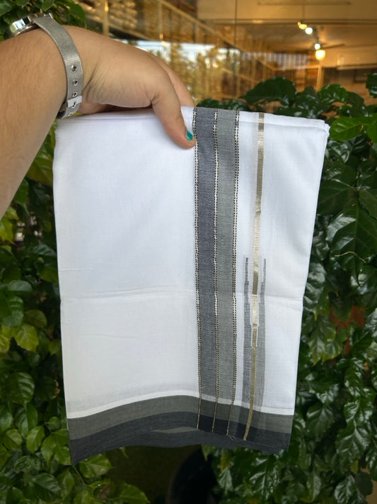 26% Discount ! NEW! KaithariKada Balaramapuram 100% Cotton Pure white Double Mundu/Dhoti - (100x80)s - Black Ash Chutty Silver Kasav - 23 KK5252 CKS