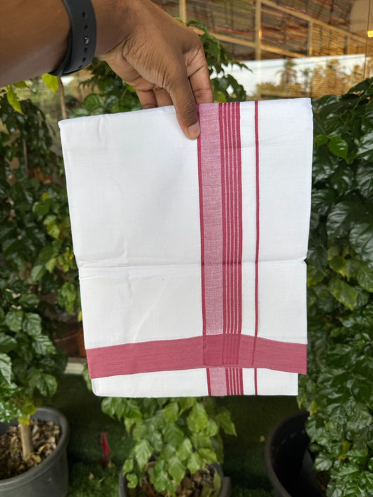 Short Dhoti Special - 28% Discount ! KaithariKada 100% Cotton Pure White Double Mundu / Dhoti - 100x80 - 45 inch Height 3.80 m Length  1.5 inch Maroon Magenta Mix kara - 23 KK5258 THI