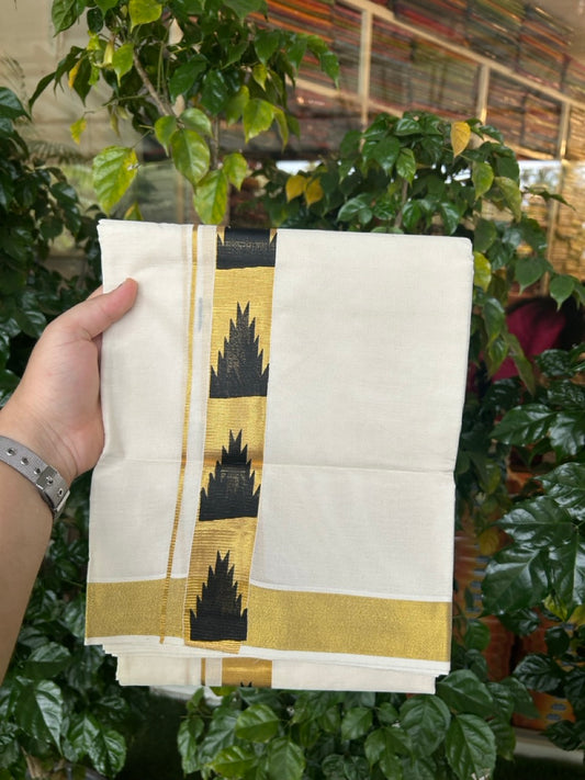 KaithariKada 100% Cotton Double Off White - (Ubleached) Mundu/Dhoti - 80x80 - 1.5 inch Gold Kasavu & Black Temple Printed Design Kara - 4 mtr (8 muzham)- 23 KK5262 STH