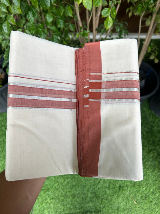 31% DISCOUNT!! KaithariKada HANDLOOM Millpaav Balaramapuram - 100% PURE Cotton OFF White Double - (Unbleached) Mundu/Dothi - 1.75 Inch Silver Kasav Brown kara - 23kk5153RAM
