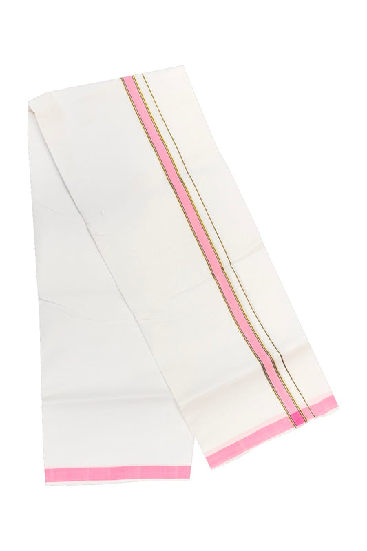 30% OFFER! KaithariKada 100% Cotton Balaramapuram HANDLOOM Single  PURE WHITE Mundu/Dhoti - 1.5 inch (2 meter / 4 muzham) Pink Kasavu Kara & Blue  Stripes Design - 23KAI.