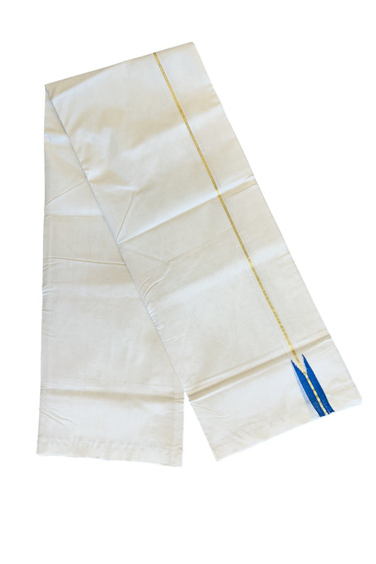 30% DISCOUNT!! KaithariKada HANDLOOM UNAKKUPAAV Balaramapuram - 100% PURE Cotton OFF White (Unbleached) Double Mundu/Dothi - Kasavu Blue Puliyilakkara Chutty - 23KK114ASH