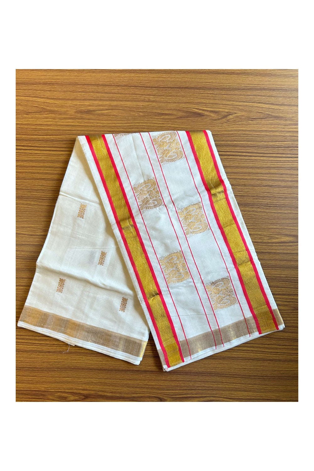 25% Discount! Kaitharikada Kerala Cotton Saree Off white - 12 inch Kasavu Zari with Orange Red  & Peacock Pattern Putta Design- 23KK303VIN