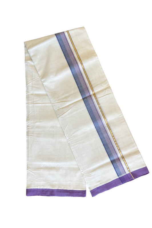 25% DISCOUNT!! KaithariKada HANDLOOM UNAKKUPAAV Balaramapuram - 100% PURE Cotton OFF White (Unbleached) Double Mundu/Dothi - Kasavu Lavender & Blue kara with white stripes - 23KK458SOM
