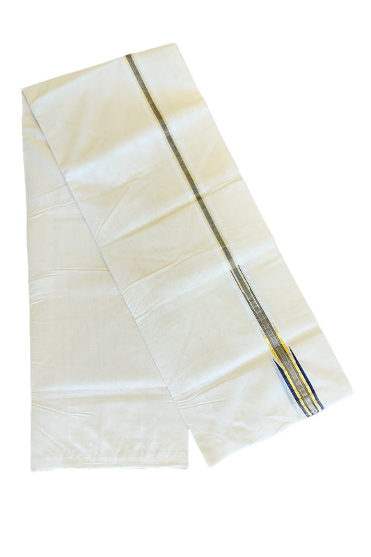 30% DISCOUNT!! KaithariKada HANDLOOM UNAKKUPAAV Balaramapuram - 100% PURE Cotton OFF White - (Unbleached) Double Mundu/Dothi - Puliyilakkara kasavu Navy blue striped temple Chutty - 23KK476RAM