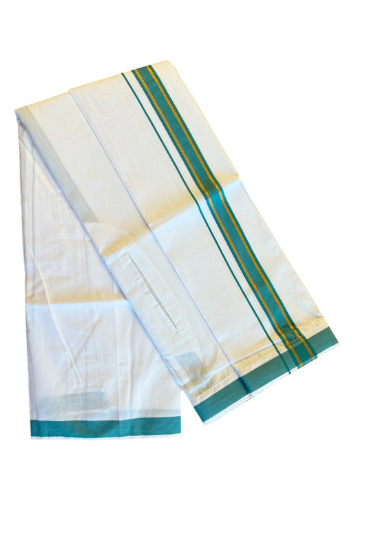 KaithariKada Balaramapuram  COTTON SINGLE PURE WHITE VELCRO Mundu/Dhoti - 1.75inch Peacock Green & Kasavu kara (2 metre / 4 muzham) - 23KK485SRI