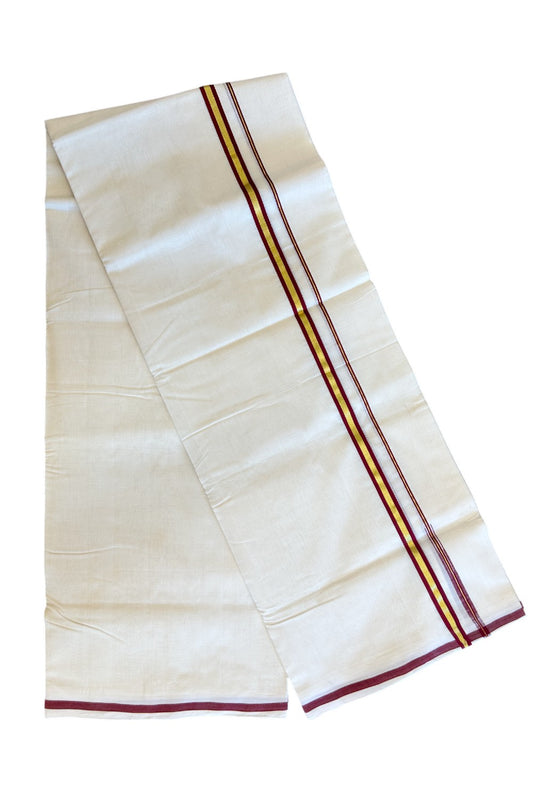25% Discount KaithariKada HANDLOOM UNAKKUPAAV Balaramapuram - 100% PURE Cotton off white (Unbleached) Double Mundu/Dhoti - 1.5cm  Maroon Stripes & Kasavu-90