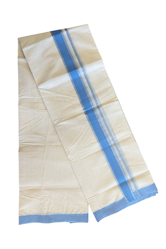 20% DISCOUNT! KaithariKada Balaramapuram 100% Cotton Double Off white - (Unbleached) - Mundu/Dhoti- 100x80 - 2.inch Silver Kasavu & Blue Kara 3.75 mtr (8 Muzham) - 105