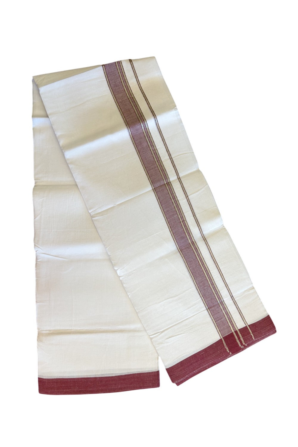 Linen Dhoti NEW! 20% Discount from Kaitharikada.com - Double Mundu/Dhoti 80x90 Thread PURE WHITE - Pure Cotton + Linen - 2.25 Inch Silver Kasavu Maroon Shaded design Kara - 42KK5115THI