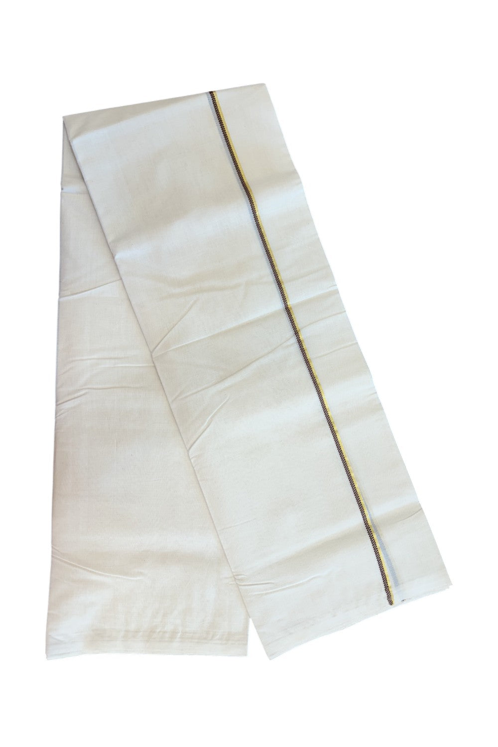 27% DISCOUNT! KaithariKada BALARAMAPURAM HANDLOOM UNAKKUPAAV - 100% PURE Cotton Off white (Unbleached) Double Mundu/Dhoti - 0.25 inch Gold Kasavu & Muthukkuri Brown Kara (8 Muzham) - 8KK5161SOM