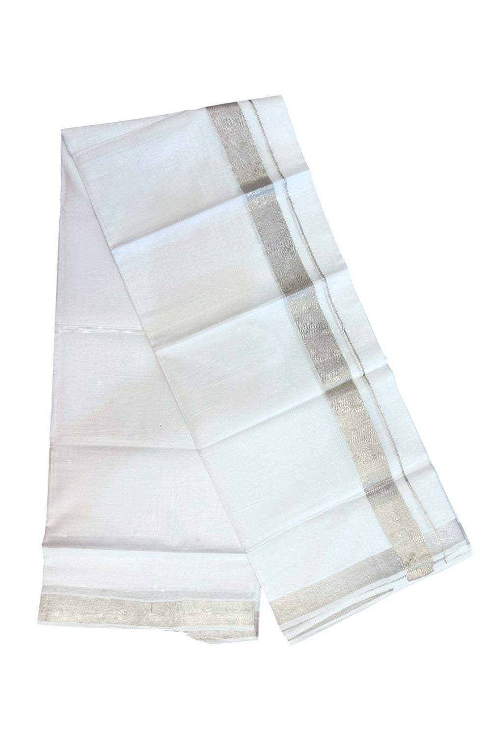23% DISCOUNT! KaithariKada Balaramapuram 100% Cotton DOUBLE PURE WHITE Mundu/Dhoti - 100x80 - 1.25 inch Silver Kasavu Kara - 23KK5171GAN