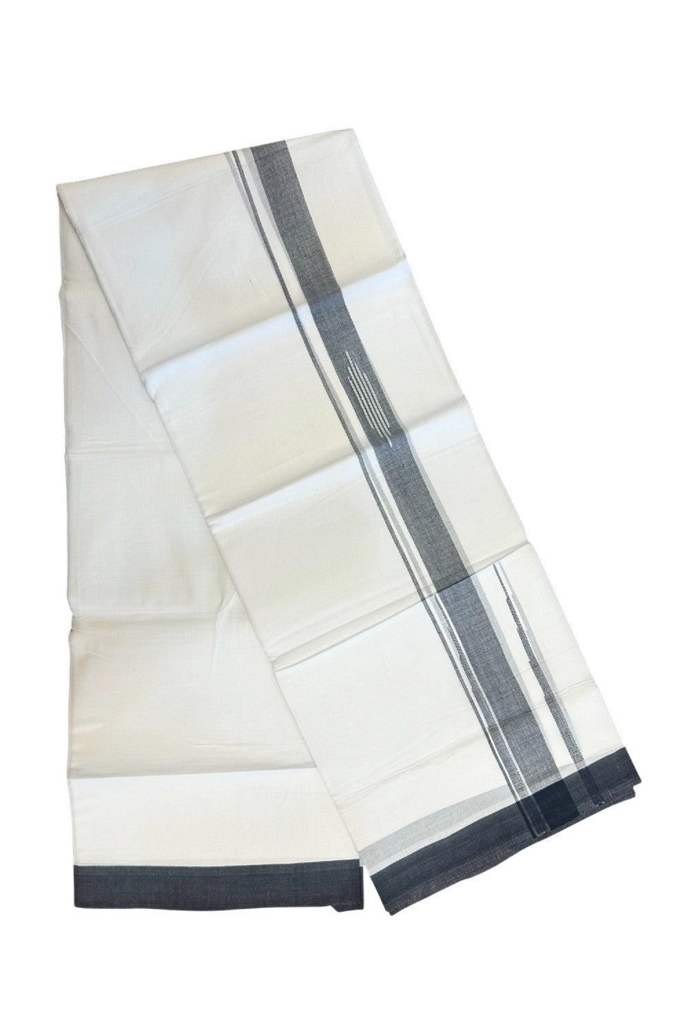 27% DISCOUNT!!! KaithariKada Balaramapuram 100% Cotton Double PURE white Mundu/Dhoti - 80X80 - 2.25 Inch Black shaded Centre stripes Putta Chutty kara - 48KK5074THI