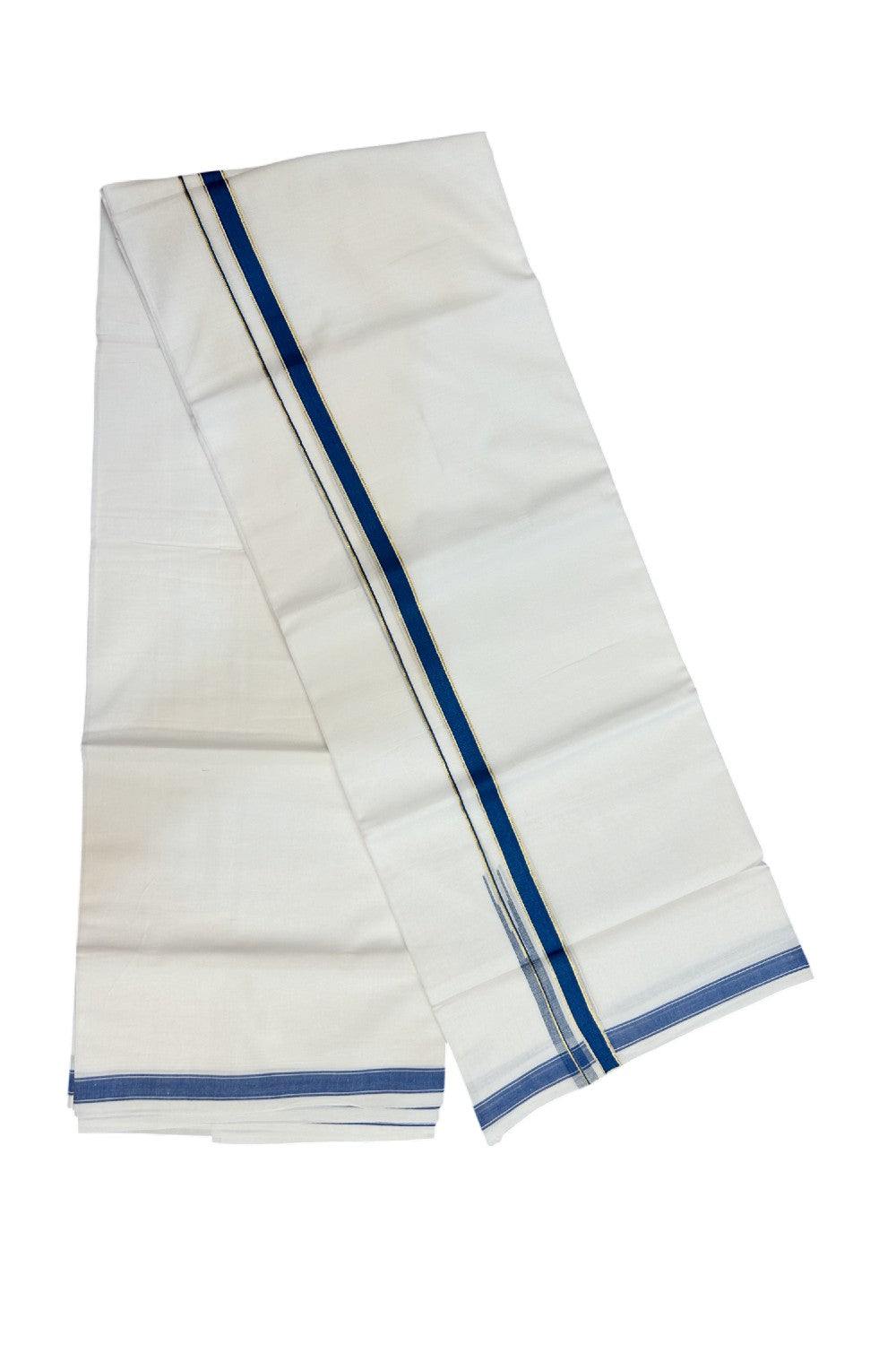 20% DISCOUNT!! KaithariKada Balaramapuram 100% Cotton PURE WHITE Double Mundu/Dhoti-100x80 - 0.5 inch Cobalt Blue Kasav Chutty Kara - 23KK5191CKS