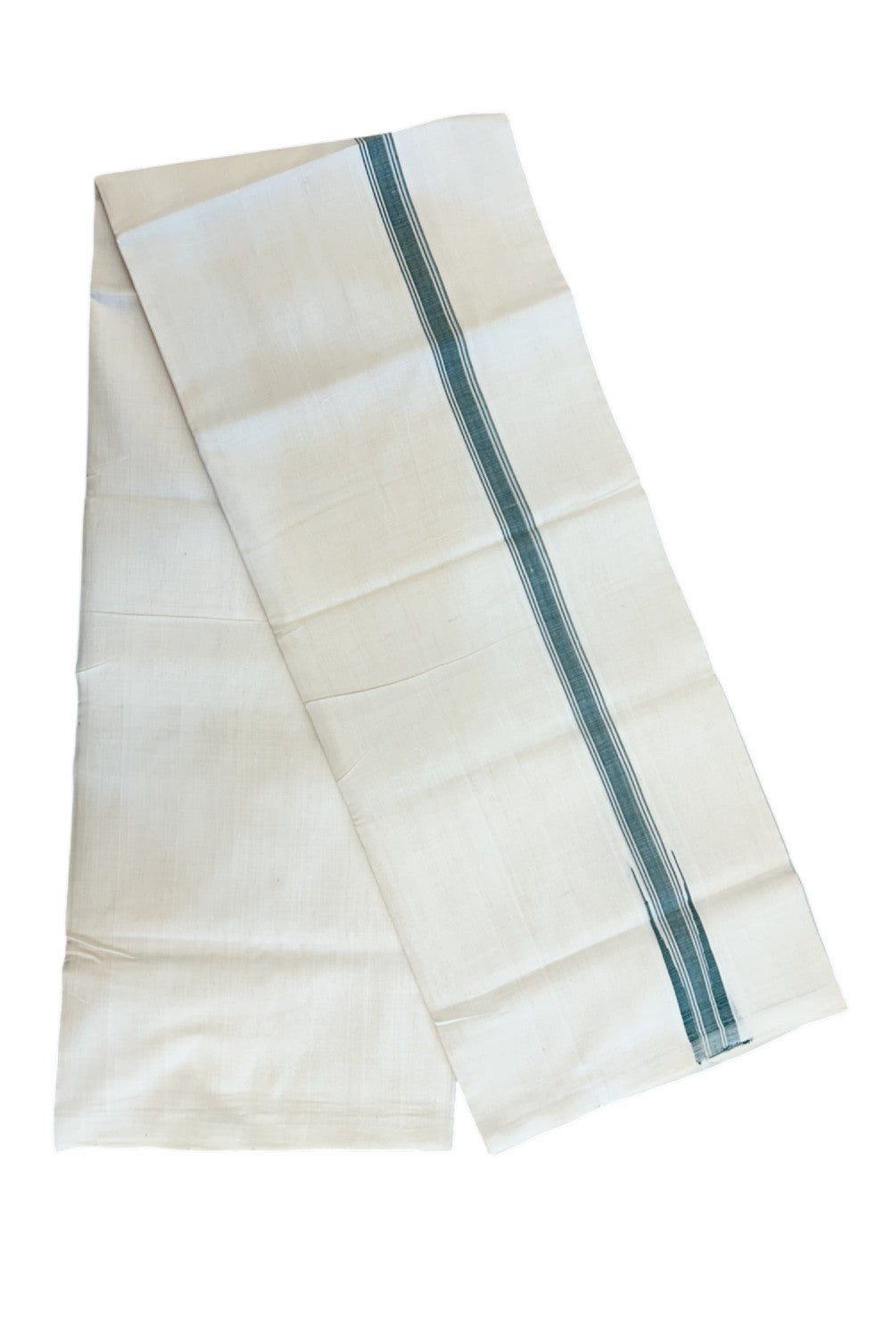 25% Discount!!! KaithariKada HANDLOOM UNAKKUPAAV Balaramapuram - 100% PURE Cotton OFF WHITE (Unbleached) Double Mundu/Dhoti - 80x90 - 1 inch Green stripes chutty 4 Mtr (8.5 Muzham) - 23KK5235 YAR