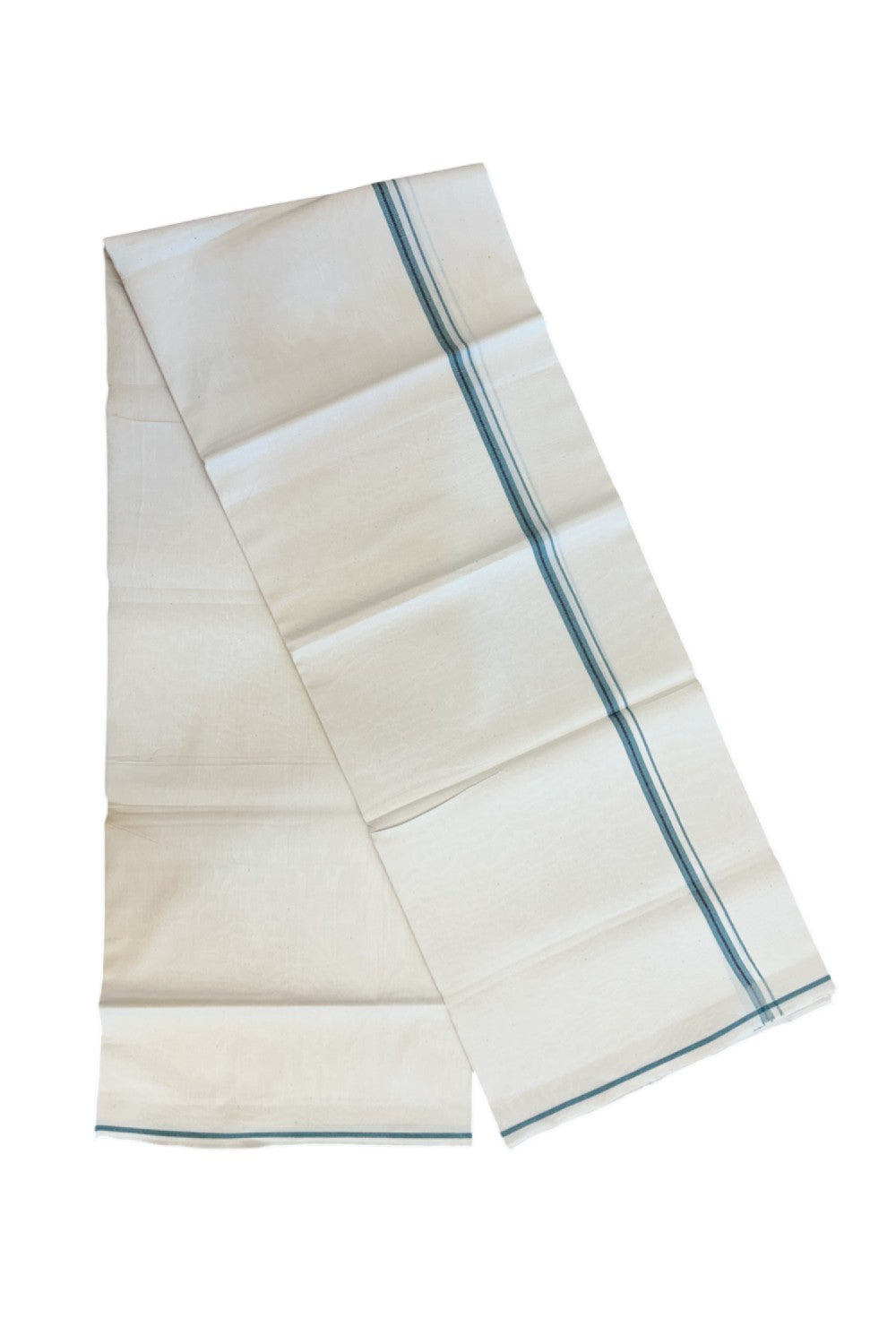24% Discount !! KaithariKada Balaramapuram 100% Cotton OFF WHITE (Unbleached) Single Mundu/Dhoti - Twisted 60s Thread - 0.8 cm Teal shaded Navy blue striped Kara (2 meter / 4 muzham) - 52KK5241 GL