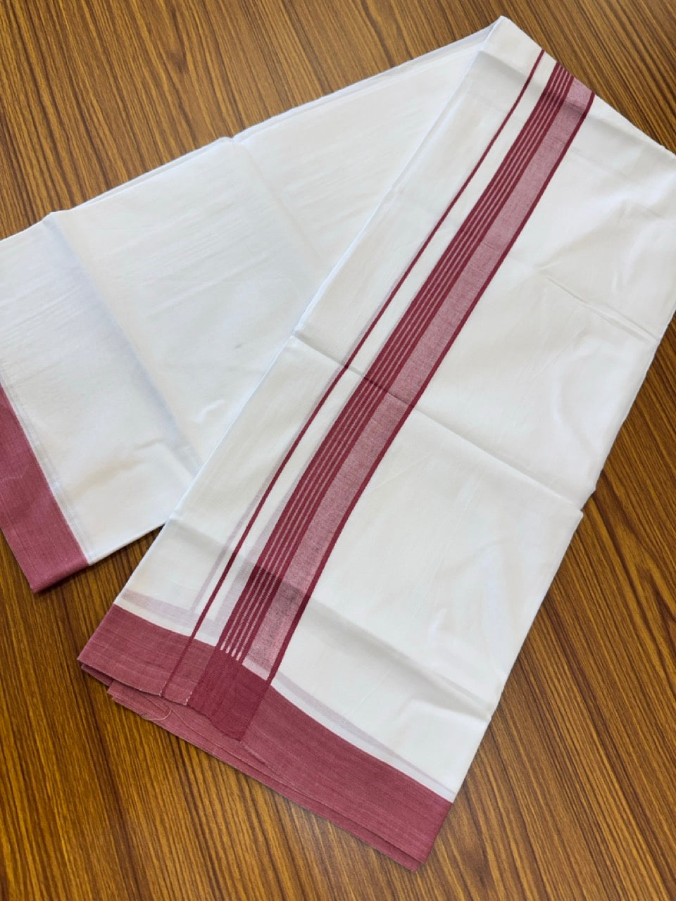 Short Dhoti Special - 28% Discount ! KaithariKada 100% Cotton Pure White Double Mundu / Dhoti - 100x80 - 45 inch Height 3.80 m Length  1.5 inch Maroon Magenta Mix kara - 23 KK5258 THI