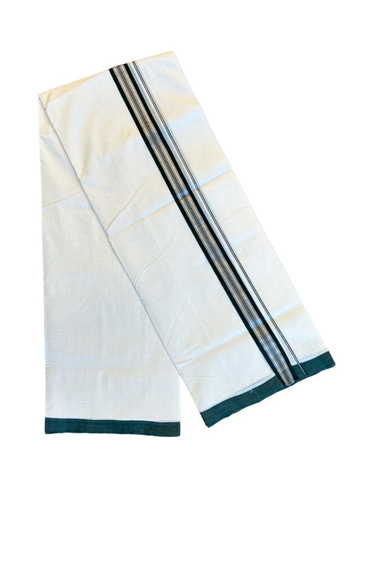 25% DISCOUNT! KaithariKada BALARAMAPURAM HANDLOOM UNAKKUPAAV - 100% PURE Cotton Off white (Unbleached) Double Mundu/Dhoti - Green silver kasavu centre pattern kara - 23KK72RAM