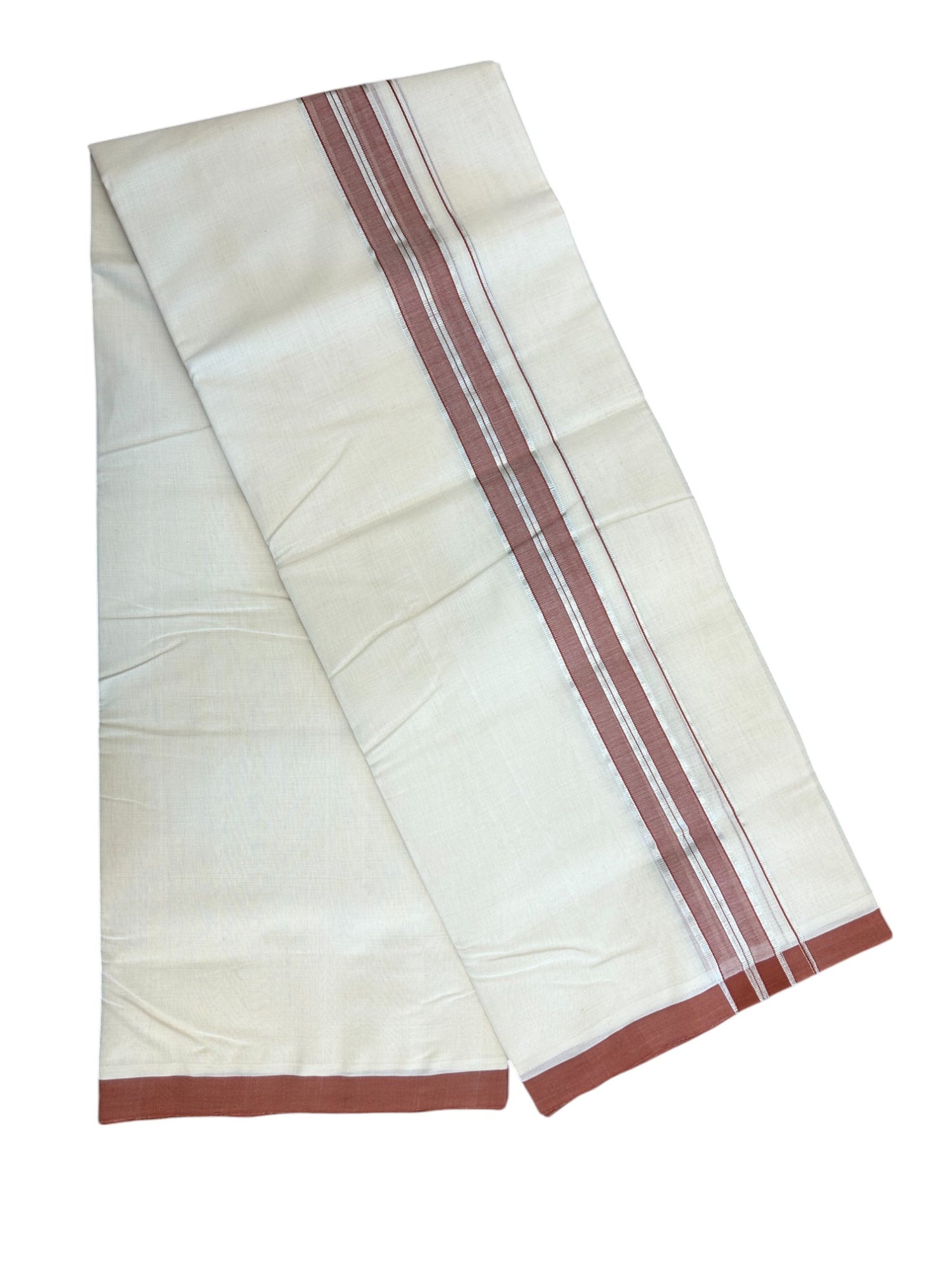 31% DISCOUNT!! KaithariKada HANDLOOM Millpaav Balaramapuram - 100% PURE Cotton OFF White Double - (Unbleached) Mundu/Dothi - 1.75 Inch Silver Kasav Brown kara - 23kk5153RAM