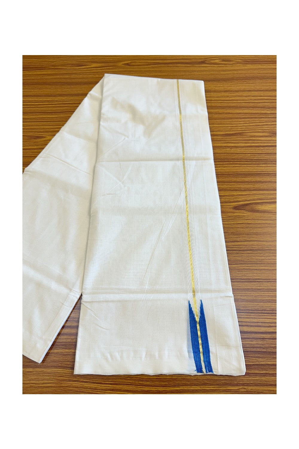 30% DISCOUNT!! KaithariKada HANDLOOM UNAKKUPAAV Balaramapuram - 100% PURE Cotton OFF White (Unbleached) Double Mundu/Dothi - Kasavu Blue Puliyilakkara Chutty - 23KK114ASH