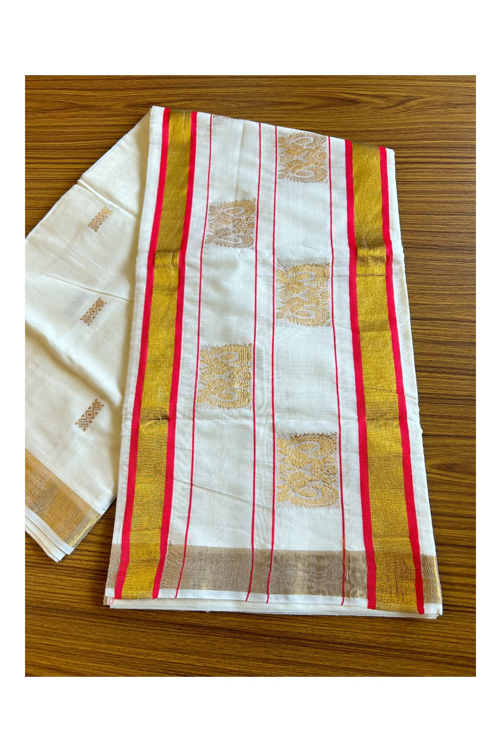 25% Discount! Kaitharikada Kerala Cotton Saree Off white - 12 inch Kasavu Zari with Orange Red  & Peacock Pattern Putta Design- 23KK303VIN