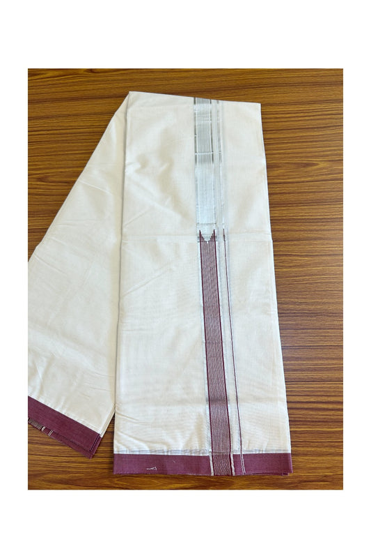 18% Discount !!KaithariKada Balaramapuram 100% Cotton  Off White (Unbleached) Double Mundu/Dhoti-100x100  2.inch Heavy Chutty Silver Kasavu & Maroon- 23KK455ASH