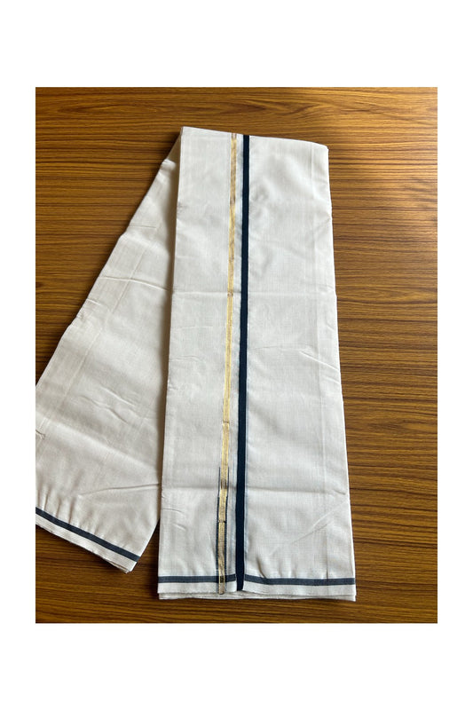 16% DISCOUNT!! KaithariKada HANDLOOM Millpaav Balaramapuram - 100% PURE Cotton OFF White - (Unbleached) Double Mundu/Dothi - 1 cm Puliyilakkara side striped Gold kasavu Black chutty 3.75 mtr (8 Muzham) - 23KK462RAM