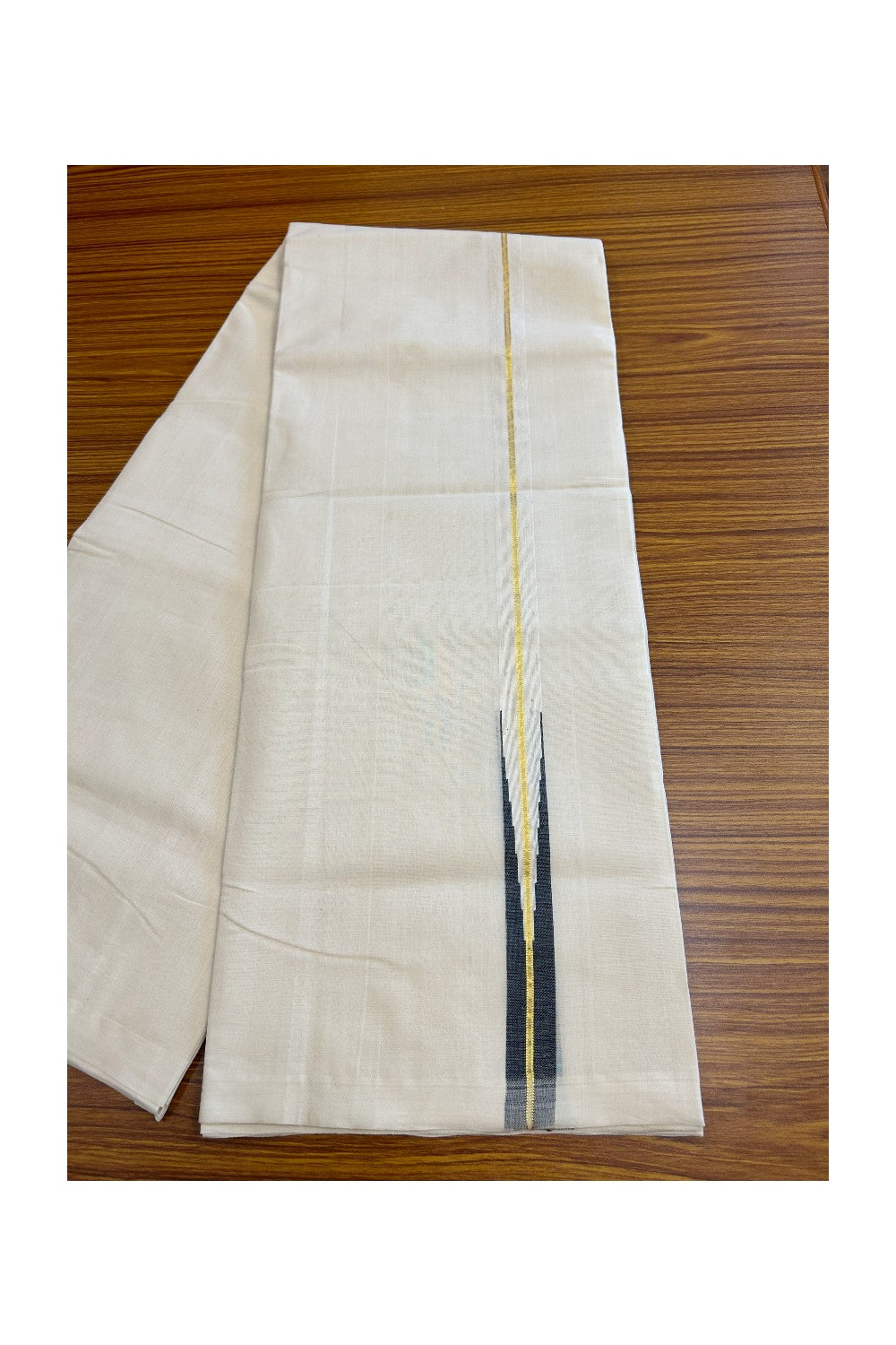 30% DISCOUNT!! KaithariKada HANDLOOM Millpaav Balaramapuram - 100% PURE Cotton OFF White - (Unbleached) Double Mundu/Dothi - 1 inch puliyilakkara Kasavu Black chutty - 23KK5011RAM