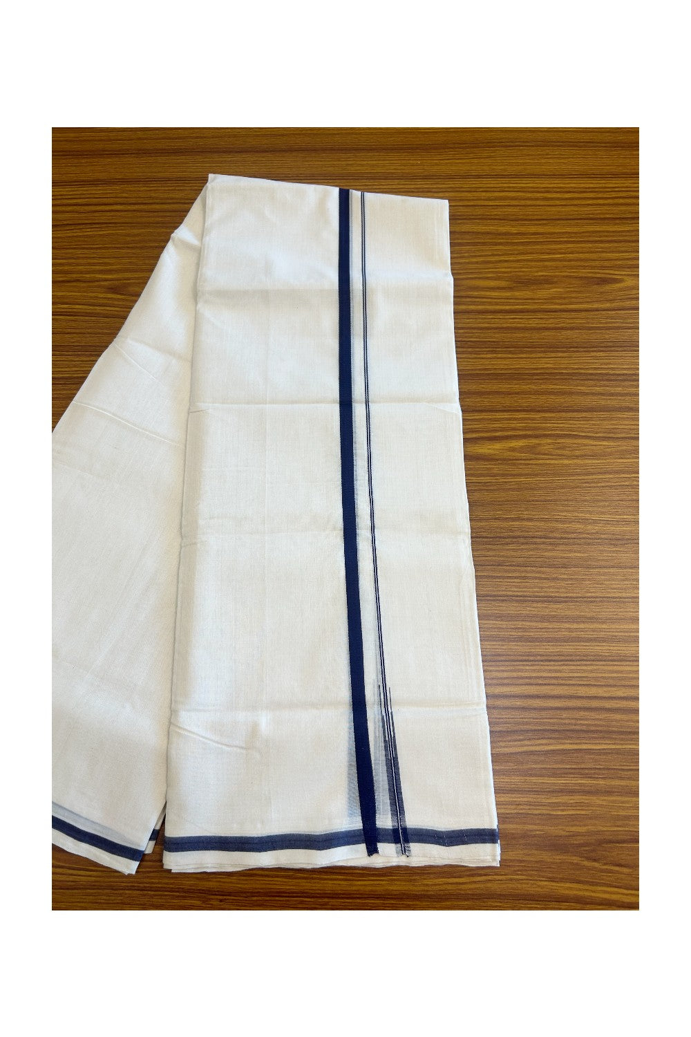 15% Discount KaithariKada HANDLOOM Unakkupaav Balaramapuram - 100% PURE Cotton Off White (Unbleached) - 100x100 Double Mundu/Dhoti -  1.cm Puliyilakkara Chutty Navy Blue- 103