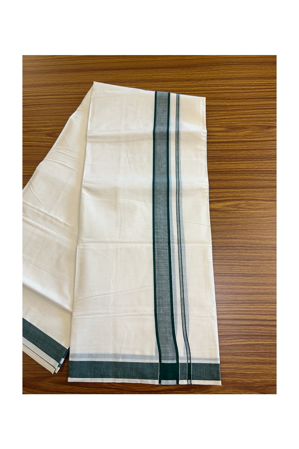 5% Discount KaithariKada Balaramapuram 100% Cotton Double Off white - (Unbleached) - Mundu/Dhoti- 80x72 - 1 inch Dark Green Kara - 276