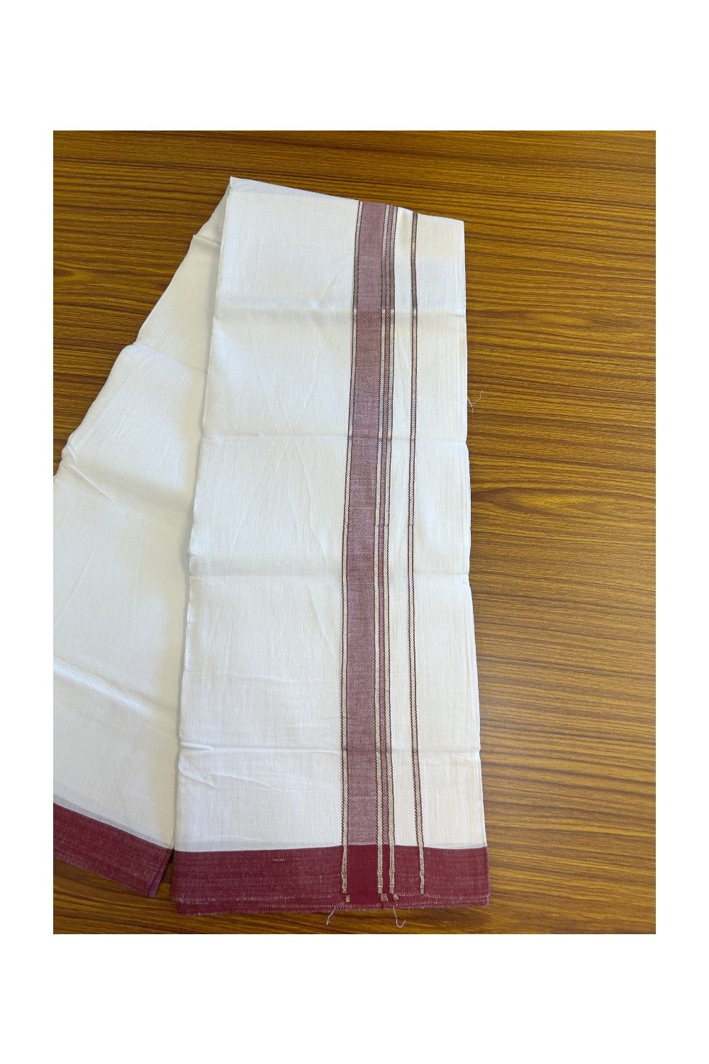 Linen Dhoti NEW! 20% Discount from Kaitharikada.com - Double Mundu/Dhoti 80x90 Thread PURE WHITE - Pure Cotton + Linen - 2.25 Inch Silver Kasavu Maroon Shaded design Kara - 42KK5115THI