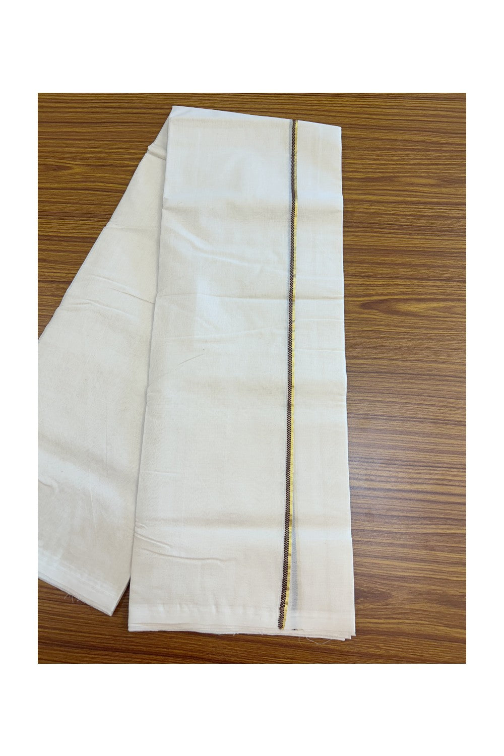 27% DISCOUNT! KaithariKada BALARAMAPURAM HANDLOOM UNAKKUPAAV - 100% PURE Cotton Off white (Unbleached) Double Mundu/Dhoti - 0.25 inch Gold Kasavu & Muthukkuri Brown Kara (8 Muzham) - 8KK5161SOM