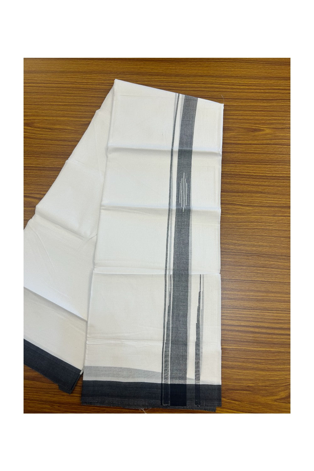 27% DISCOUNT!!! KaithariKada Balaramapuram 100% Cotton Double PURE white Mundu/Dhoti - 80X80 - 2.25 Inch Black shaded Centre stripes Putta Chutty kara - 48KK5074THI