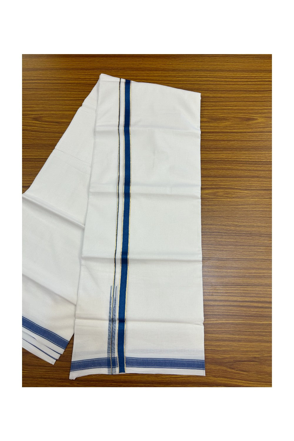 20% DISCOUNT!! KaithariKada Balaramapuram 100% Cotton PURE WHITE Double Mundu/Dhoti-100x80 - 0.5 inch Cobalt Blue Kasav Chutty Kara - 23KK5191CKS
