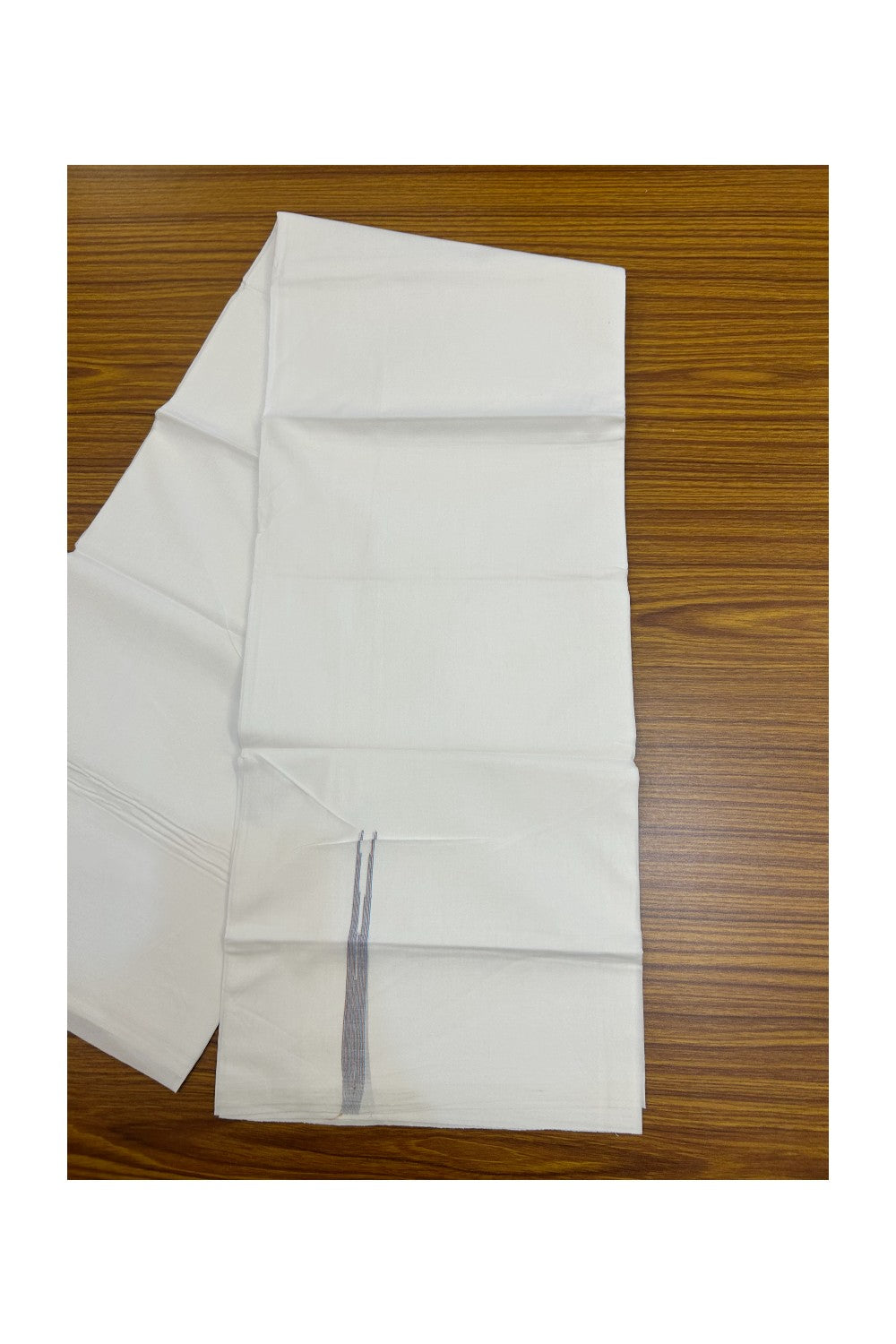 20% DISCOUNT!! NEW!! KaithariKada Balaramapuram 100% Cotton PURE WHITE Double Mundu/Dhoti - (100x80)s - 0.5 inch Sky Blue &Light Brown Shaded Puliyilakkara chutty - 23KK5210CKS